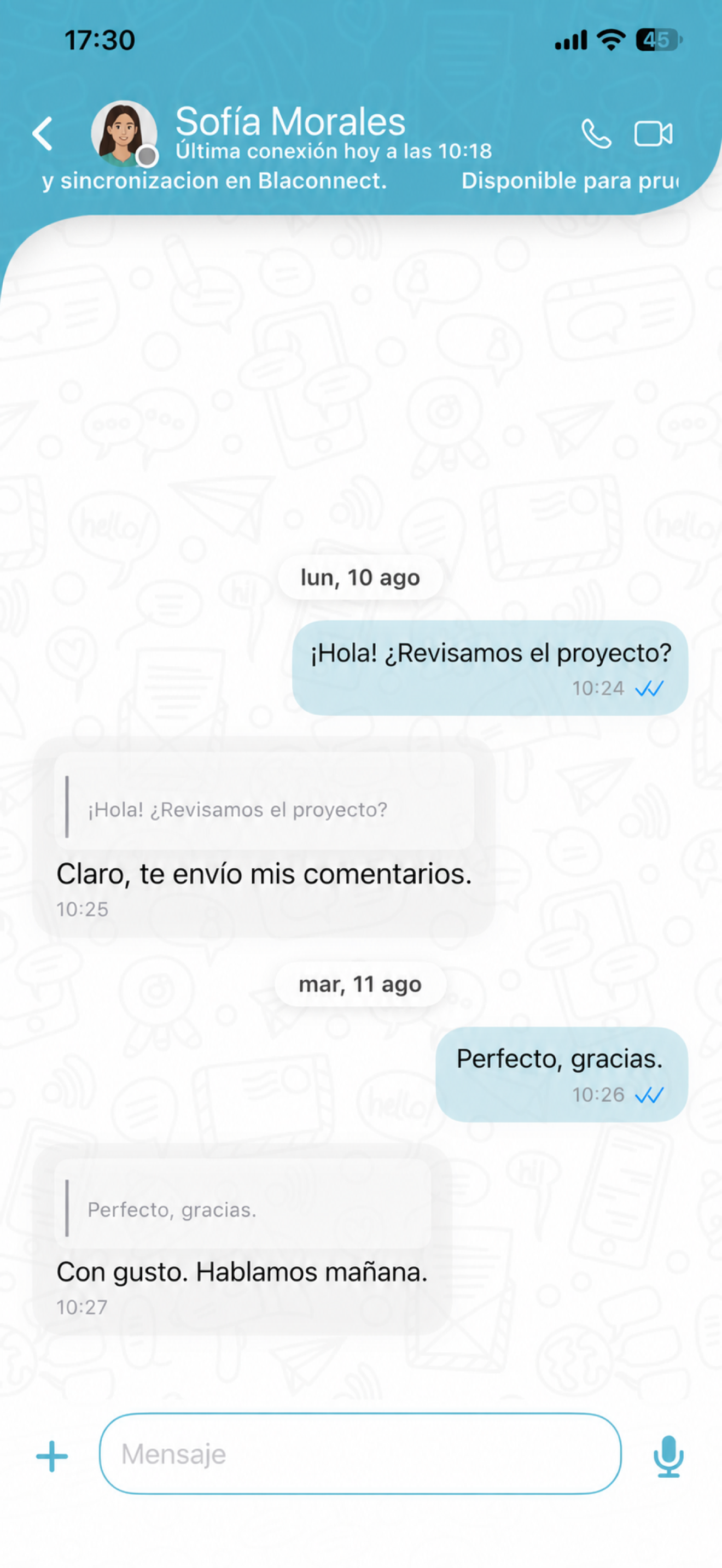 Conversación ficticia en Blaconnect Messenger